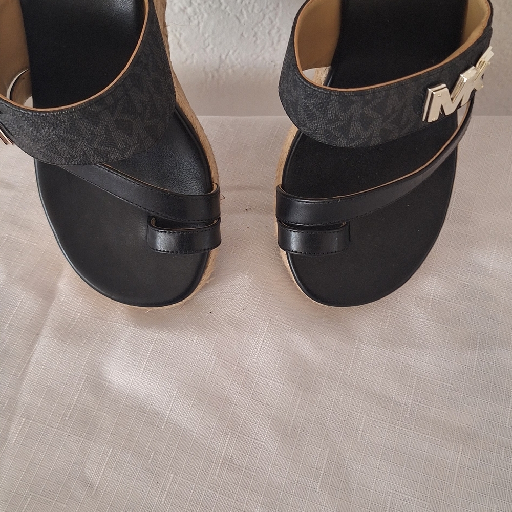 Michael Kors Black MK Logo Espadrille Slide Sandals with Gold Accents - Picture 2 of 5